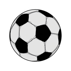 A stylized, black and white soccer ball.  Simple, graphic design of a ball, outlined in varying thicknesses to create texture and movement.  Rounded panels/sections are visible