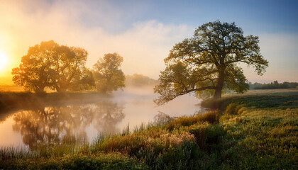 Mystical Morning River Landscape With Old Oak Trees Shrouded In Fog And Golden Light