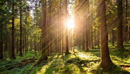 Serene Forest Landscape With Sunlight Glowing Through Trees