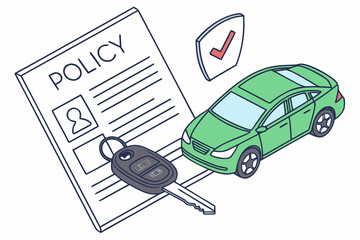 Rental or leasing car with keys near auto insurance policy form. Vehicle safety, assistance and protection concept. Vector illustration.
