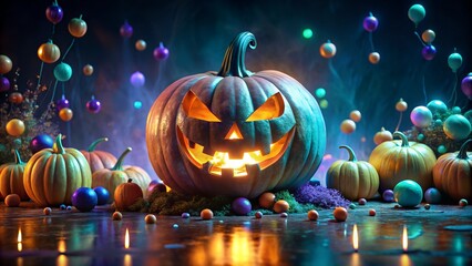 Spooky jack o lantern with glowing eyes surrounded by pumpkins