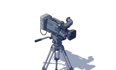 Professional Video Camera on Tripod, Detailed Illustration, Gray Tones, Studio Equipment.