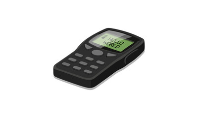 Retro black mobile phone illustration, classic design, green screen displaying HELLO WORLD text, physical buttons.
