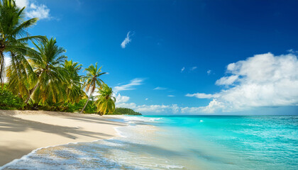 Serene Tropical Beach With Soft Sand Gentle Waves Palm Trees And Clear Blue Sky Under Bright White Clouds
