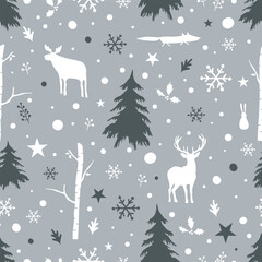 Winter Forest Seamless Pattern. Christmas Print. Winter Woods with Animals, Trees, Snowflakes, Snow, Leaves, Berries. White, Dark Gray Silhouettes. Vector Illustration on Light Gray Background