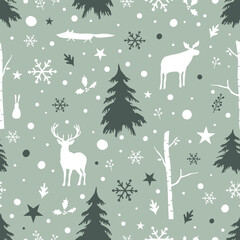 Winter Forest Seamless Pattern. Christmas Print. Winter Woods with Animals, Trees, Snowflakes, Snow, Leaves, Berries. White, Dark Green Silhouettes. Vector Illustration on Light Green Background