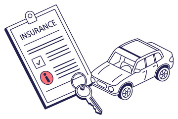 Rental or leasing car with keys near auto insurance policy form. Vehicle safety, assistance and protection concept. Vector illustration.