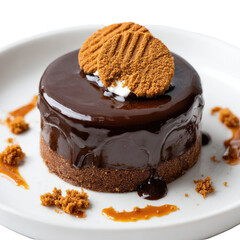Rich, dark chocolate cheesecake, topped with caramel sauce and ginger cookies