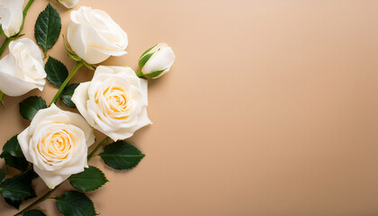 White Roses On A Beige Cream Background With Space Foy Copy Or Design Generative Ai