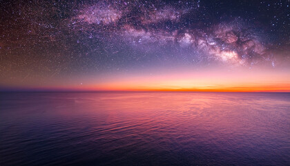 Pink And Orange Sunset Over Calm Ocean With Milky Way Galaxy
