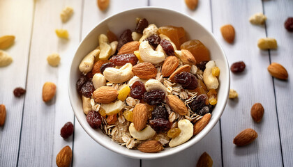 Trail Mix Bowl White Bowl Filled With Mixed Nuts Dried Fruits And Oats Nutritious Snack
