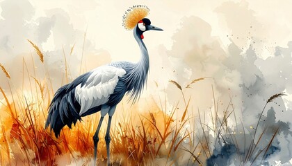 Elegant crowned crane in golden savanna grass under soft light, symbol of grace and African wildlife conservation awareness across wetlands and plains