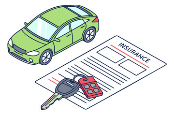 Rental or leasing car with keys near auto insurance policy form. Vehicle safety, assistance and protection concept. Vector illustration.