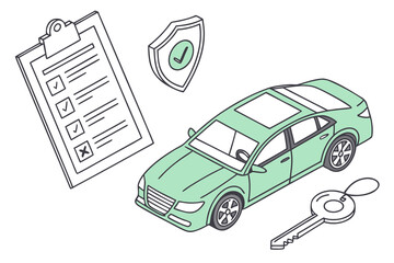 Rental or leasing car with keys near auto insurance policy form. Vehicle safety, assistance and protection concept. Vector illustration.