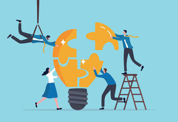 Team building, team collaboration for business idea, teamwork to solve problem, strategy plan to work together for success concept, businessmen and businesswomen team up to solve lightbulb jigsaw