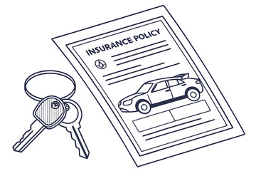 Rental or leasing car with keys near auto insurance policy form. Vehicle safety, assistance and protection concept. Vector illustration.