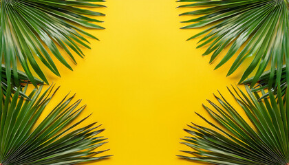 Vibrant Yellow Background Featuring Lush Green Palm Fronds Arranged In A Symmetrical Composition Ideal For Summer Themed Designs And Projects