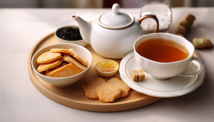 Serene Tea Setup Featuring White Teapot Cup Of Tea And Plate Of Snacks Perfect For Cozy Afternoon