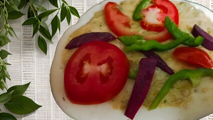 Colorful homemade pizza topped with fresh tomato slices, capsicum, and purple veggies on a creamy cheesy base, perfect for a light and tasty meal.
