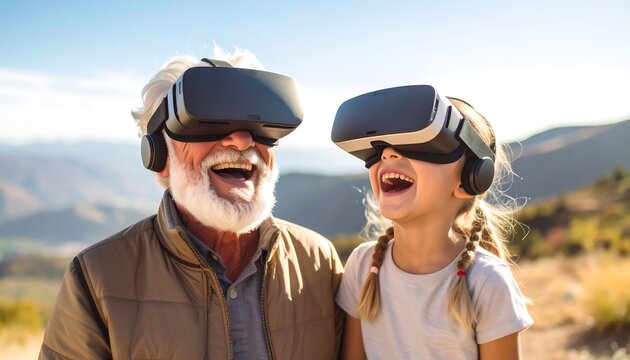 A grandfather and granddaughter wearing VR headsets on a mountain