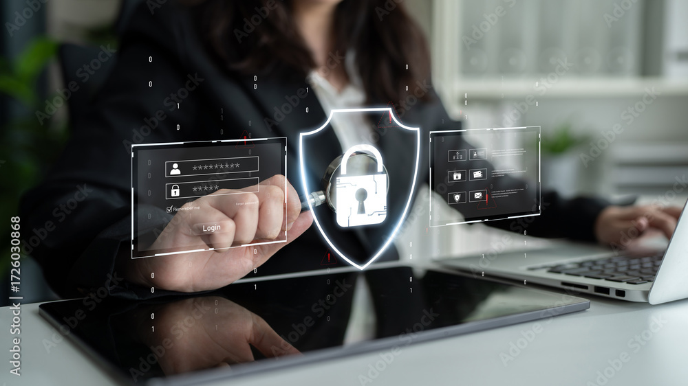 Poster cyber security protects against breaches, hacks, and network attacks using strong infrastructure and