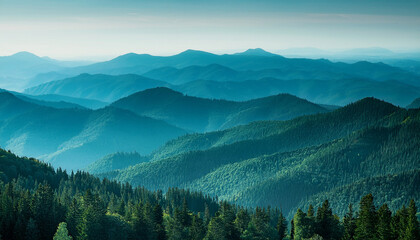 Tranquil Teal Mountain Range With Evergreen Forest Views