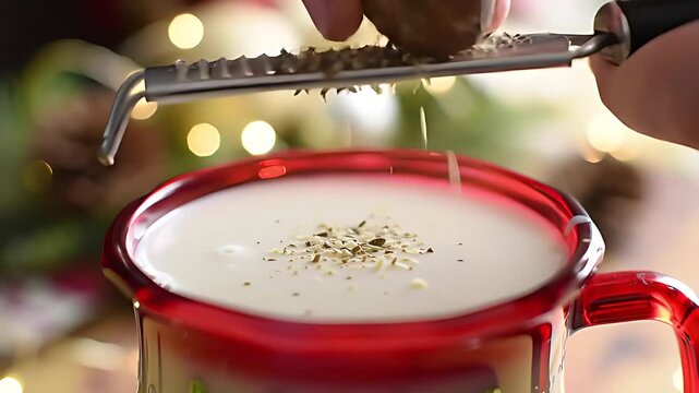 Rich, thick, creamy eggnog pours from a carton into a festive glass mug, followed by a hand grating fresh nutmeg for a holiday beverage.