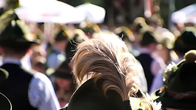 Bavarian Pride Symbol: A Gamsbart tuft of chamois hair on an alpine hat, set against a blurred, chaotic festival backdrop.