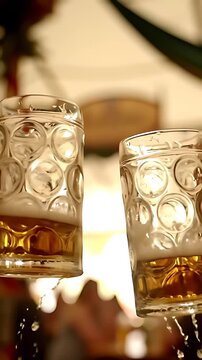 Slow motion clinking of heavy dimpled glass beer steins in a festive prost toast, with a blurred beer tent creating beautiful bokeh effects.