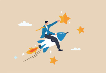 Success achievement, boost growth development to reach target, leadership to win business challenge, startup, entrepreneur or ambition to win, businessman riding fast rocket to reach success star