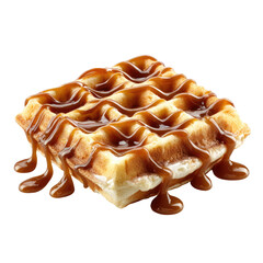 Close-up of a square waffle drenched in caramel sauce