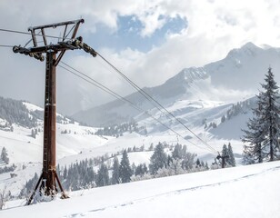 A rusting ski lift tower stands tall against a winter wonderland of snow-covered mountains and frosted pines.