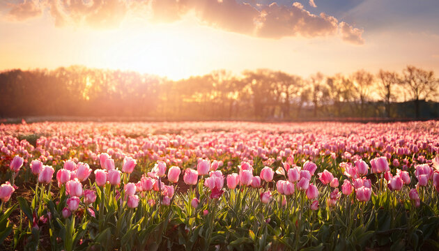 Happy August 17Th Soft Focus Pink Tulip Field With Warm Sunlight