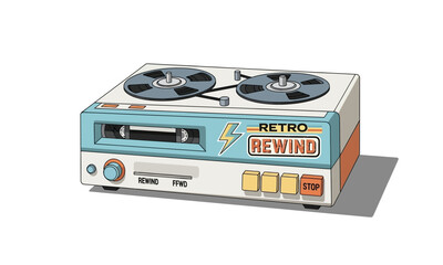 Fototapeta premium Stylized Retro Reel-to-Reel Tape Recorder with RETRO REWIND Text, Vintage Audio Player Illustration.