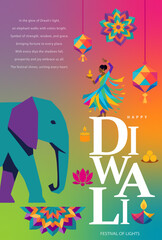 Happy Diwali | Colorful Diwali Festival Poster with Elephant, Dancer, Lanterns, Diyas and Rangoli Illustration