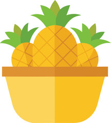 A vibrant flat illustration of a wooden bowl overflowing with ripe pineapples