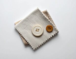 Flat lay of fabric swatch with one button loosely placed on top, plain surface