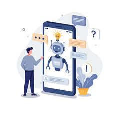 AI Chatbot Assistance on Smartphone Concept Illustration Man Interacting with Intelligent Virtual Assistant Providing Customer Support and Problem Solving Through Mobile App Digital Technology