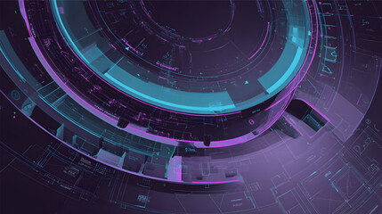 Futuristic circular interface with glowing neon blue and purple lights.