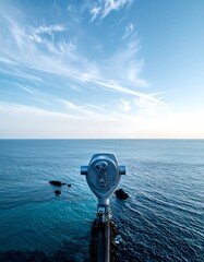 A coastal viewer overlooking a calm ocean under a bright blue sky