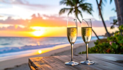 Two champagne flutes sit on a wooden table at the beach during a vibrant sunset