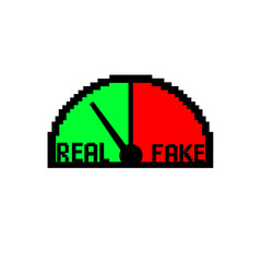 Retro 8-bit pixel art speedometer, visible pixel grid, left side bright green Real, right side red Fake pointing towards Real side