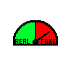 Retro 8-bit pixel art speedometer, visible pixel grid, left side bright green Real, right side red Fake pointing towards Fake side