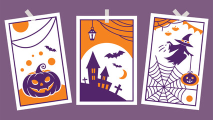 Halloween Trick or Treat Party Poster Design Set with Pumpkins, Ghosts, Bats, Spiders, Webs, Cutout Style