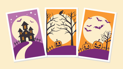Halloween Trick or Treat Party Poster Design Set with Pumpkins, Ghosts, Bats, Spiders, Webs, Cutout Style