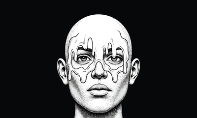 Surreal Dripping Face Illustration in Black and White – Symmetrical Bald Head with Melting Eye Detail on Dark Background for Conceptual or Emotional Artwork
