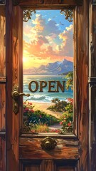 Wooden door, ocean view, sunrise