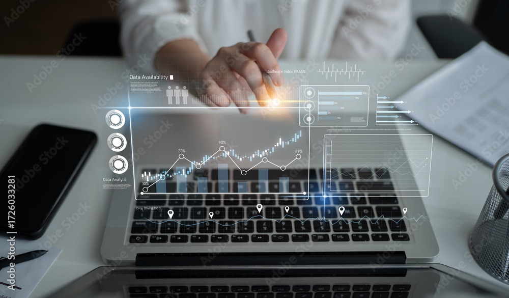 Poster high-tech data visualization dashboard for analytics and performance tracking, including data visual