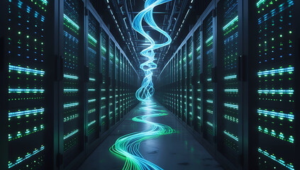 Futuristic data center with glowing blue energy stream