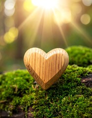 Wooden heart on moss, sunlight